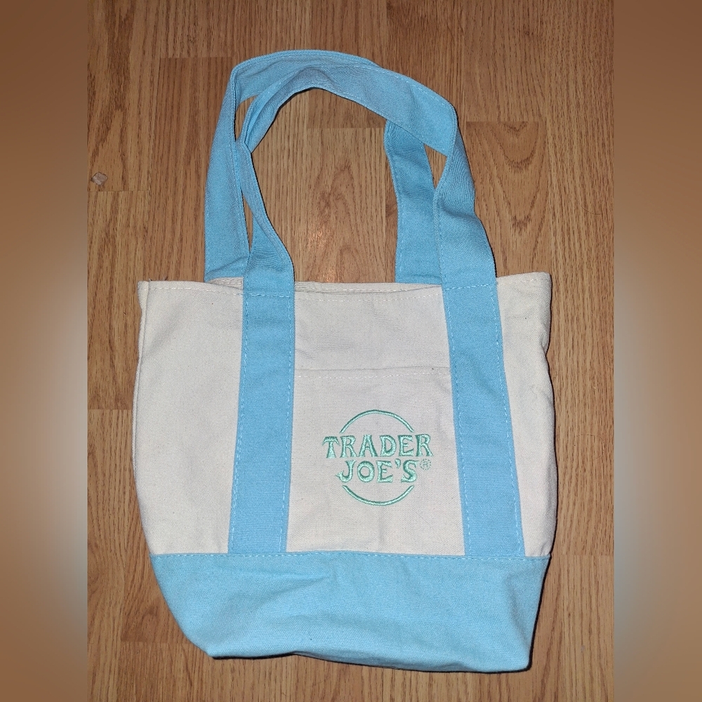 Trader Joe's blue and white mini canvas tote bag